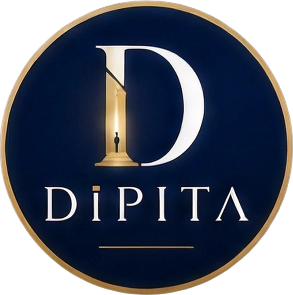 Logo rond bleu marine avec la lettre D stylisée et le texte DiPITA en blanc et or.