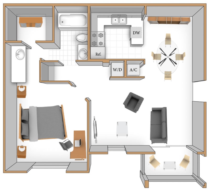 1x1 floor plan layout