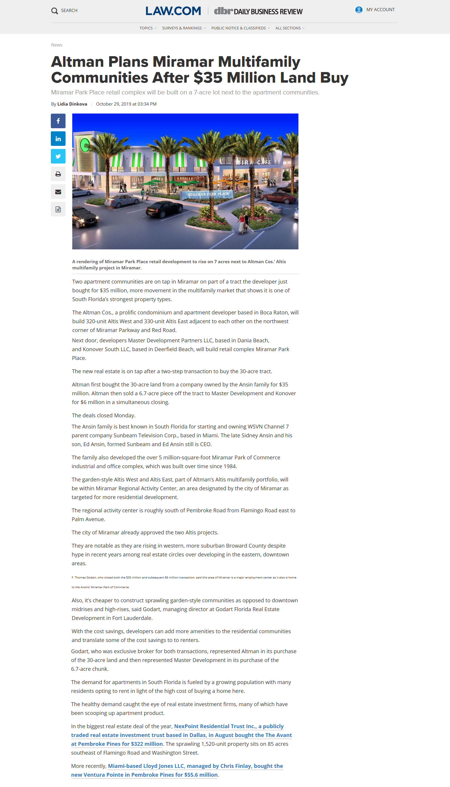 Altman closes on development site of mixed-use Miramar