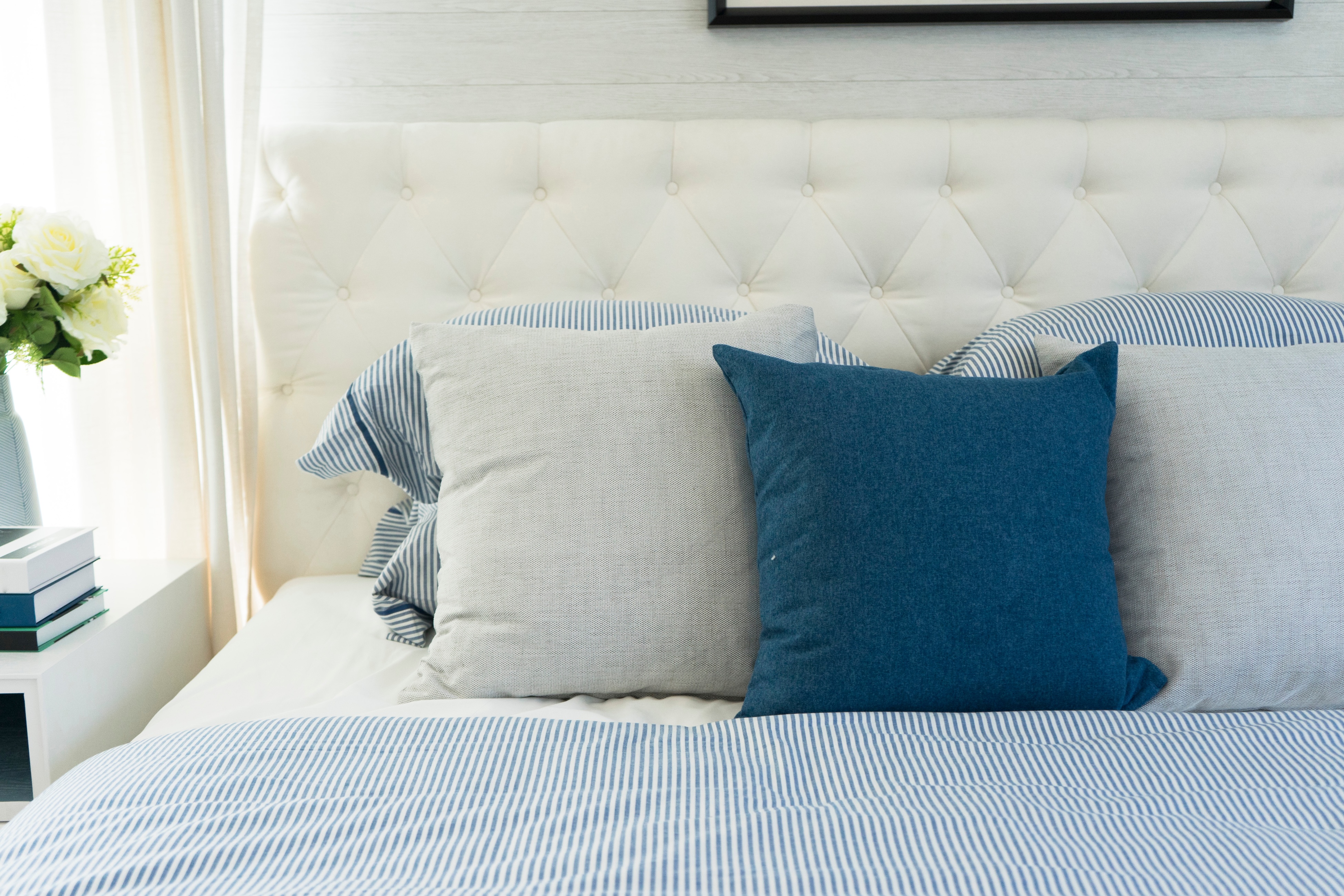 Bed with pillows stock image