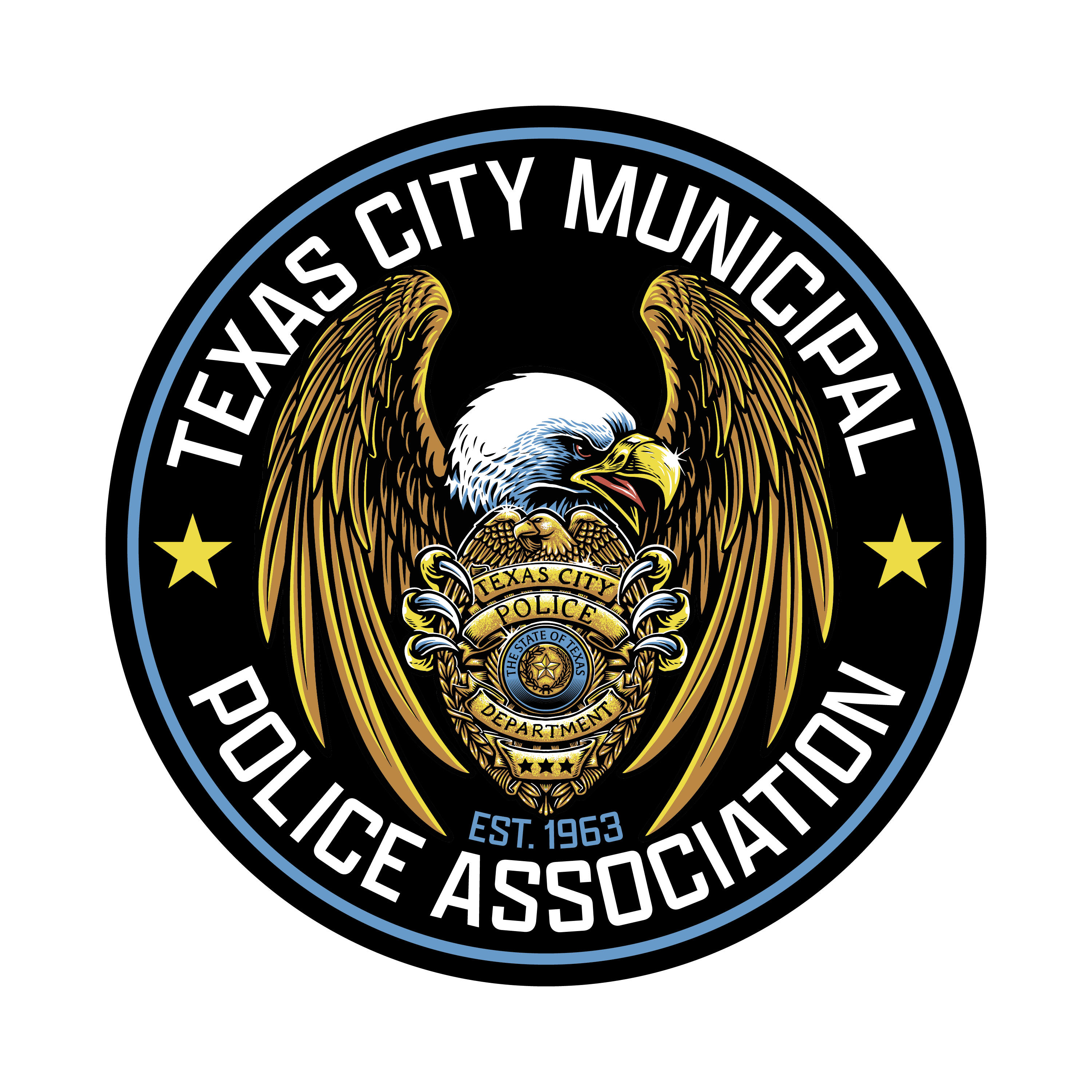 Texas City Municipal Police Association emblem with eagle wings and police badge, established 1963.
