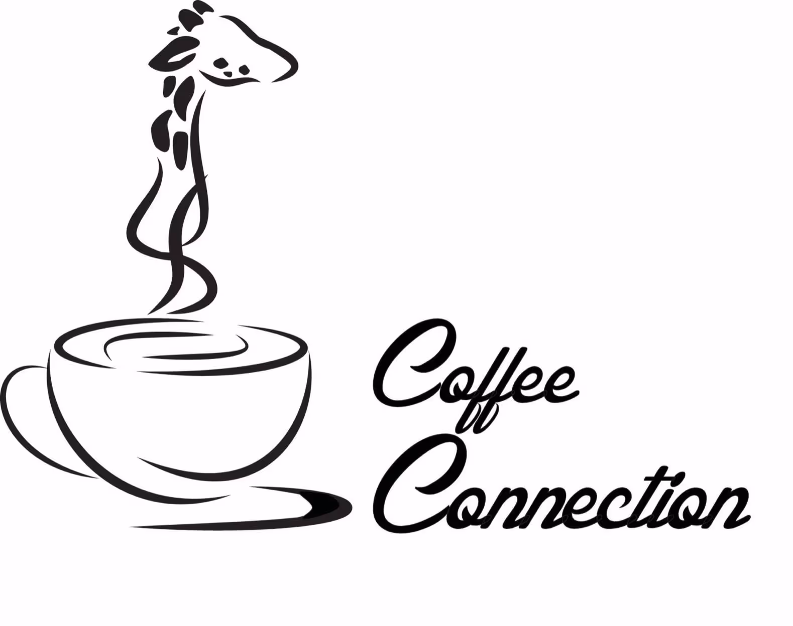 Black line art of a coffee cup with steam shaped like a giraffe and text Coffee Connection.