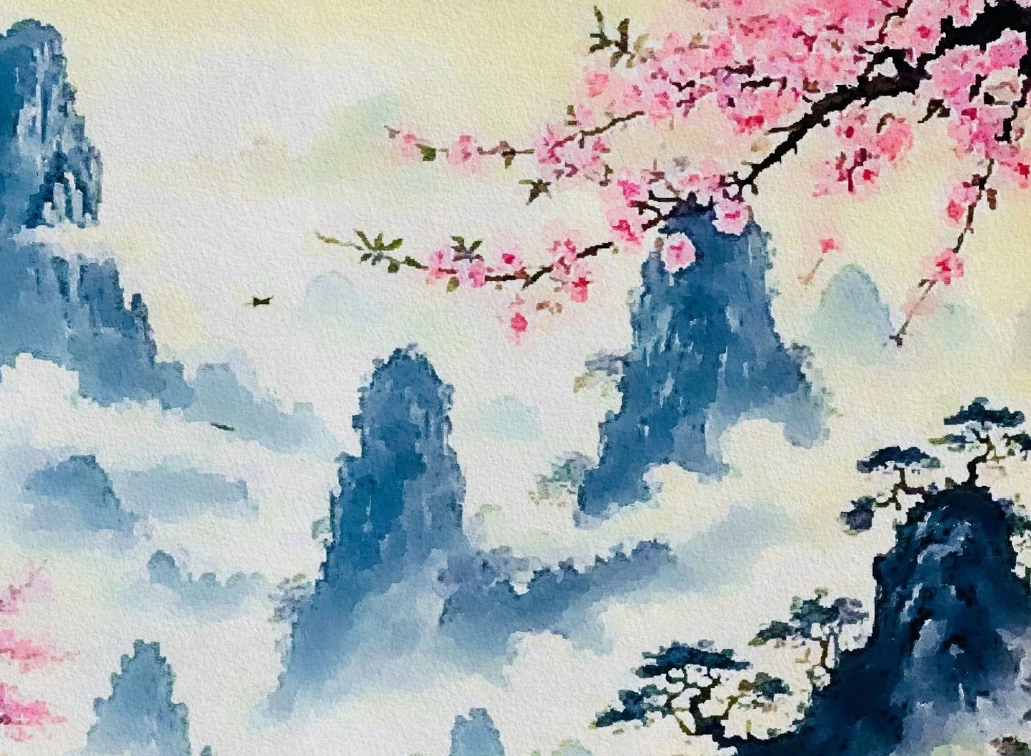 Watercolor painting of misty blue-gray mountains with green trees and branches of pink cherry blossoms in the foreground.