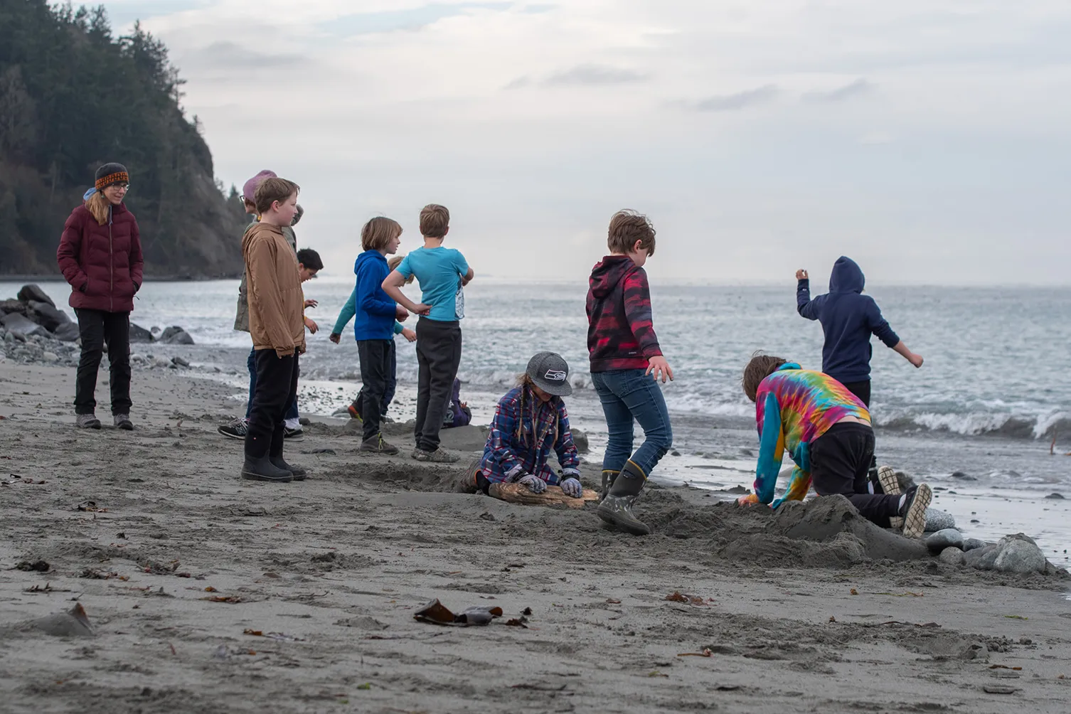 A group of children playing and exploring on a sandy beach near the water with trees and cliffs in the background, some digging in the sand and others standing or walking.