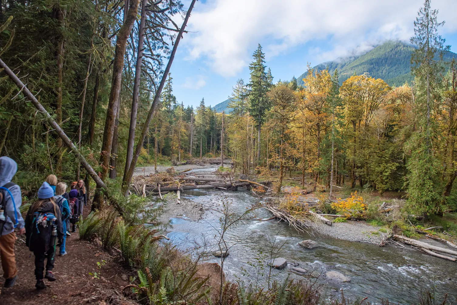 A group of hikers walking along a forest trail beside a flowing river with fallen logs and autumn-colored trees, with misty mountains in the background under a partly cloudy sky.