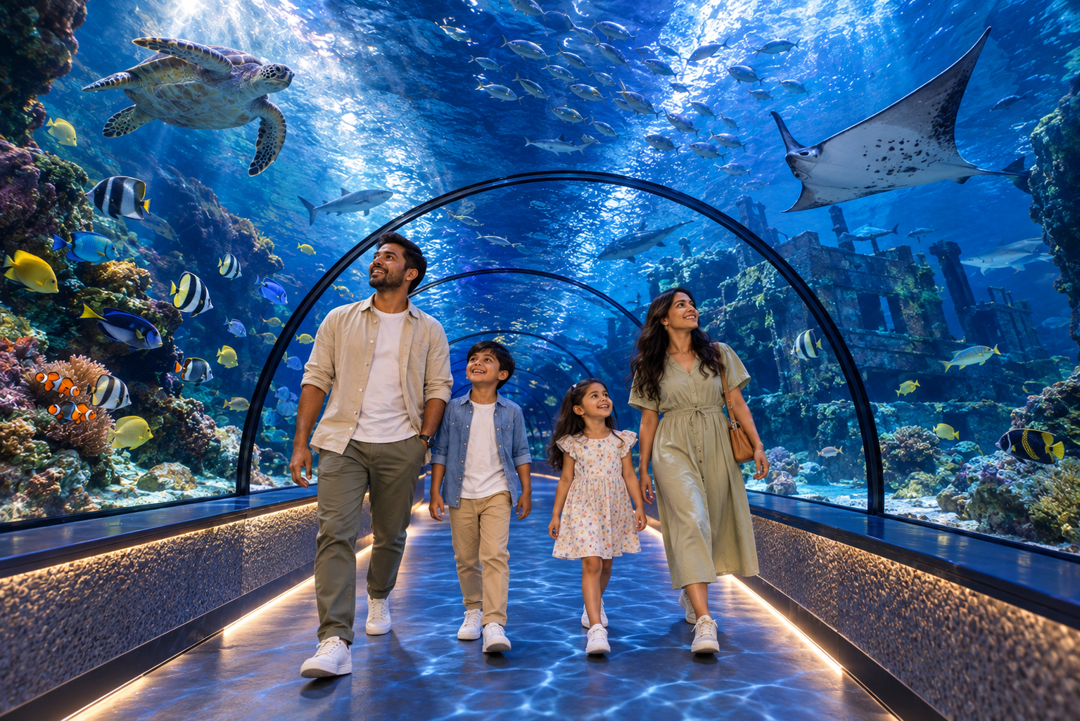 Family of five walking through an underwater tunnel with fish, sharks, and a large stingray swimming above.