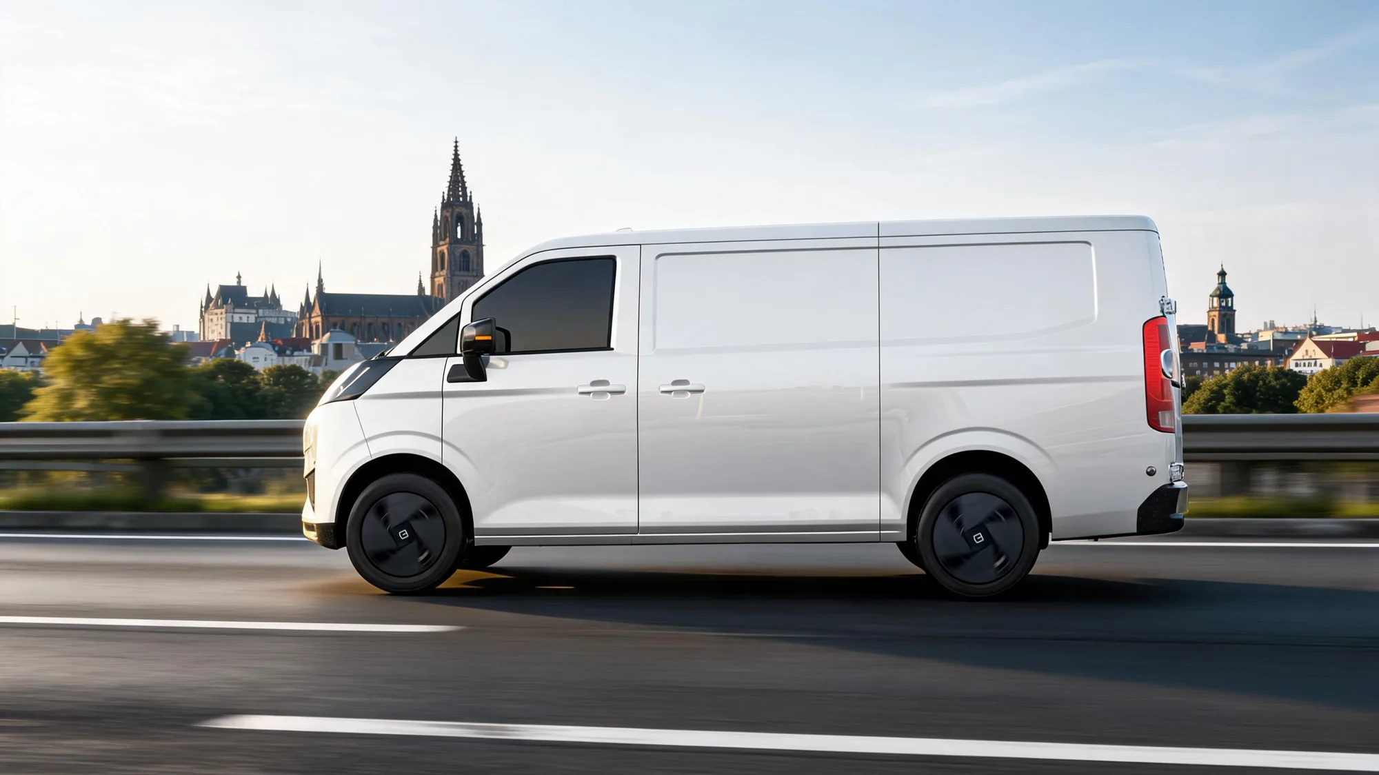 Zijaanzicht van de witte Farizon V7E elektrische bestelwagen met zijschuifdeur