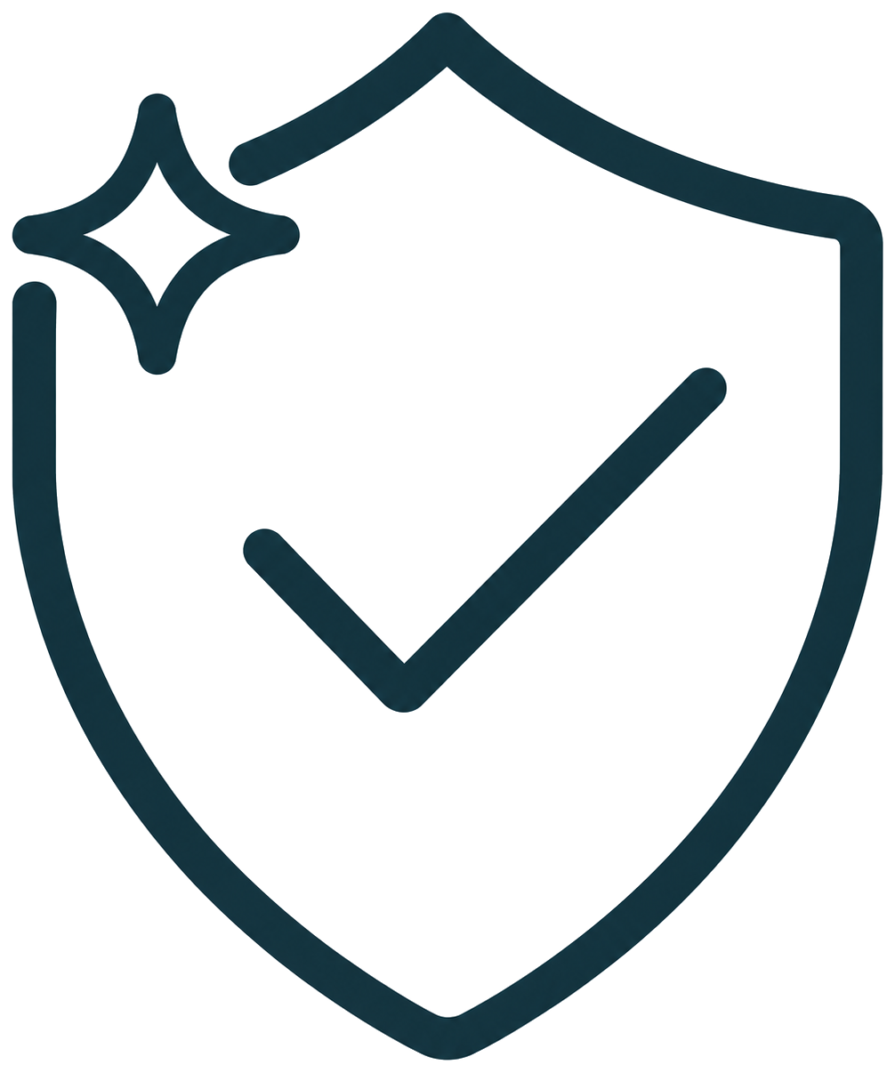 Outline of a shield with a checkmark and sparkle symbol indicating protection or guarantee.