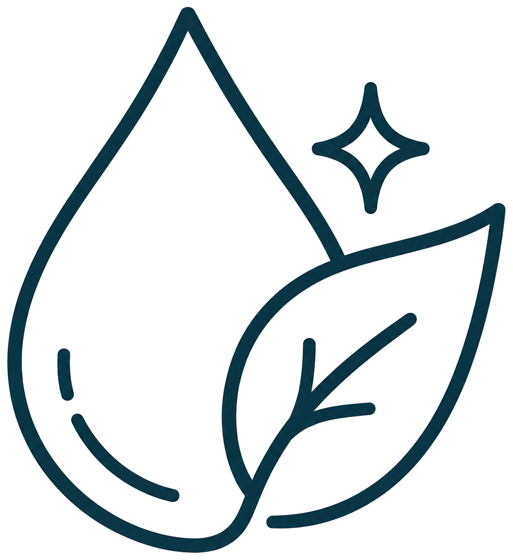 Outline icon of a water droplet with a leaf and a sparkle symbol representing eco-friendliness.