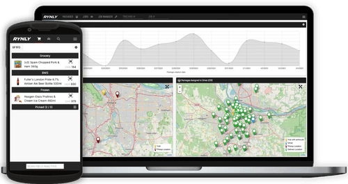 Laptop and smartphone showing RYNLY delivery tracking dashboard with maps, package data, and item list.