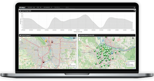 Laptop screen showing delivery management dashboard with package count graph and two maps of Portland area.