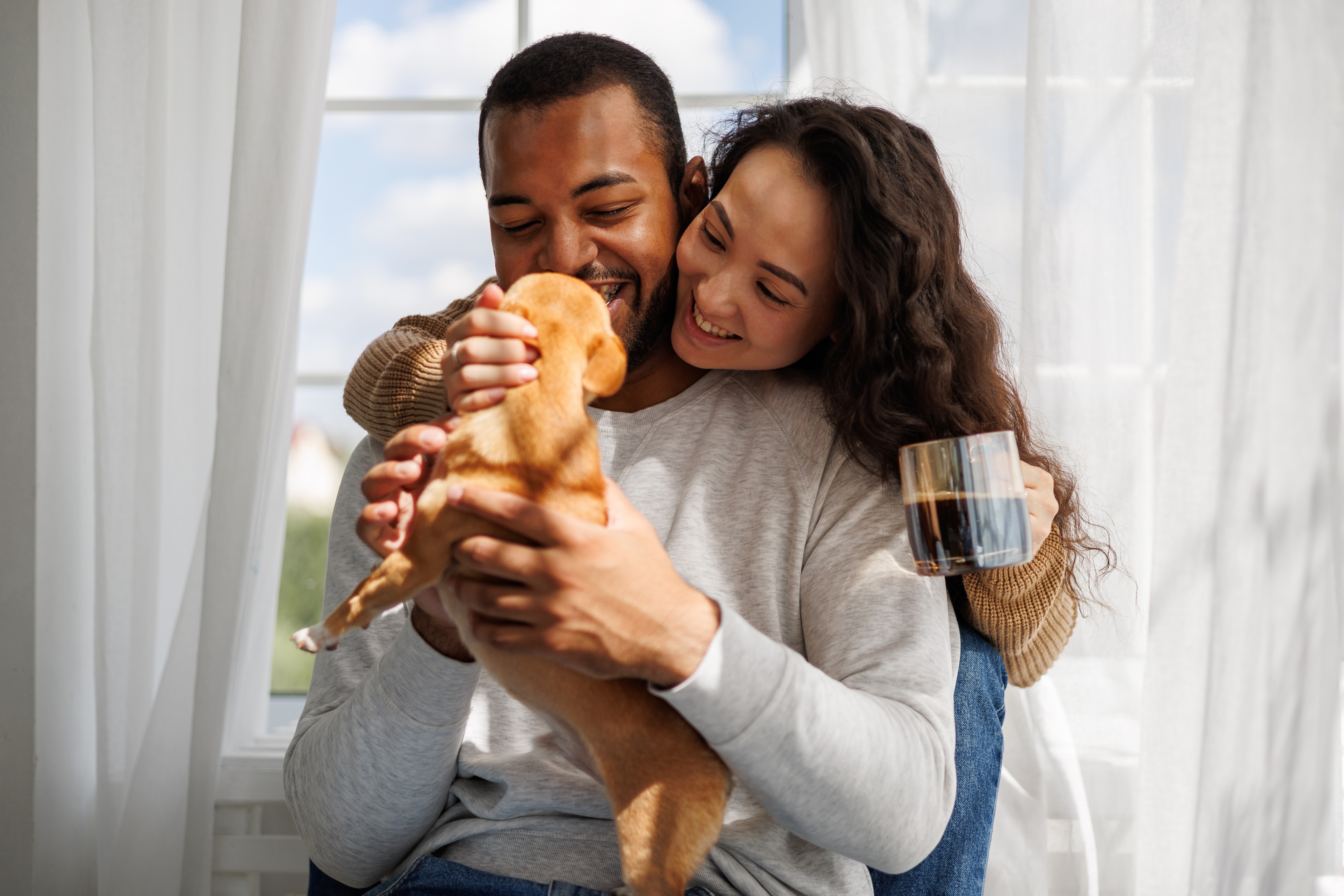 Couple holding dog stock photo