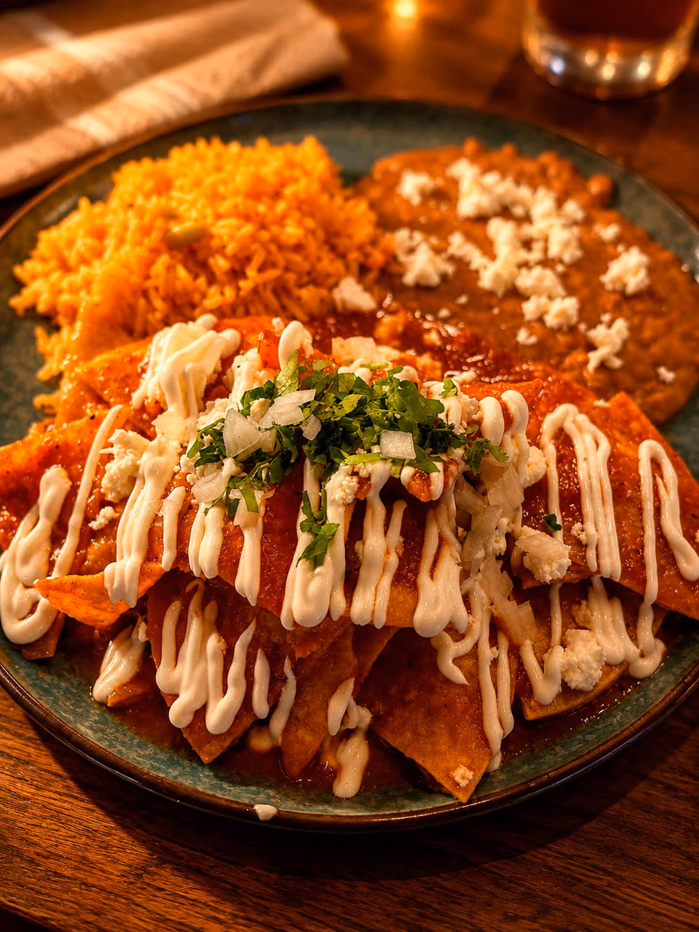 A plate of Mexican food with a green sauce on top.