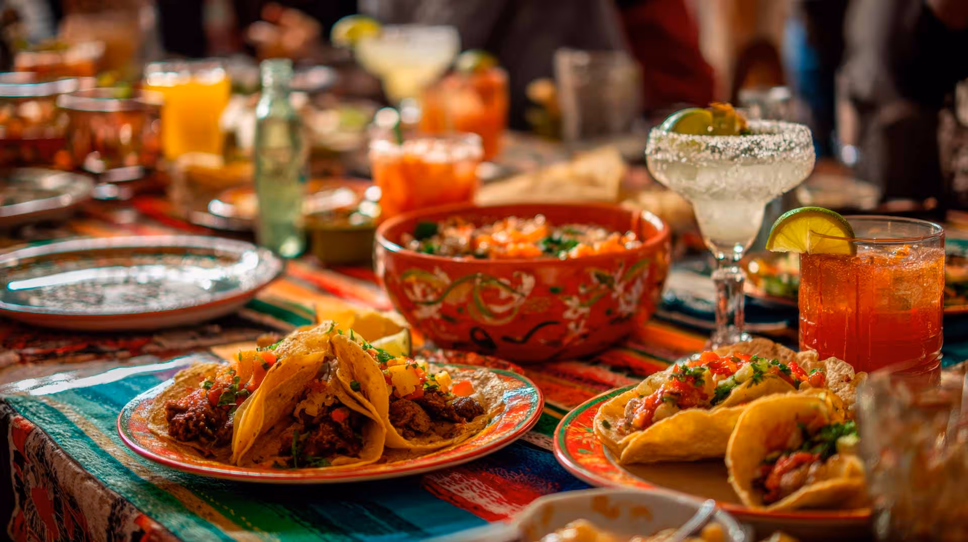 A table full of food and drinks with a bottle of tequila.
