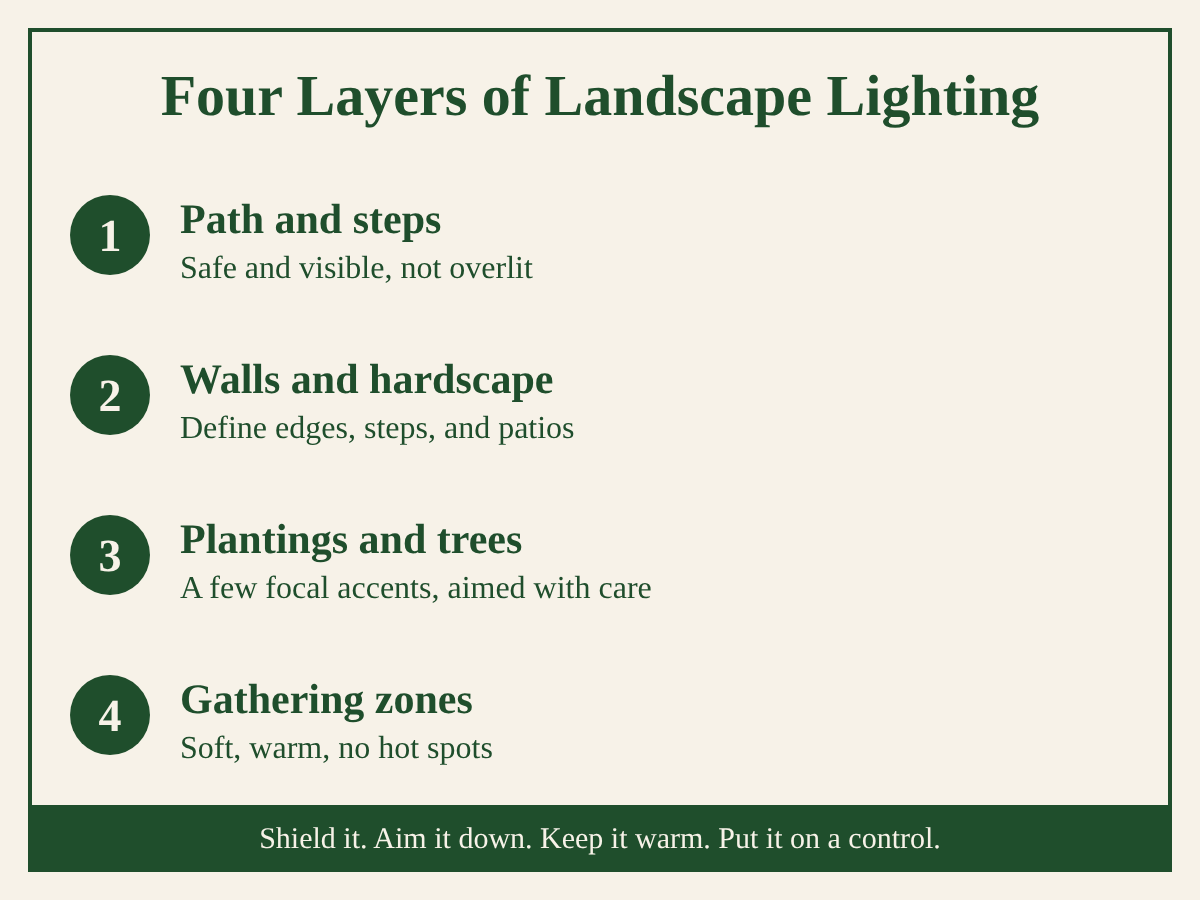 Infographic of four landscape lighting layers: path and steps, walls and hardscape, plantings, gathering zones