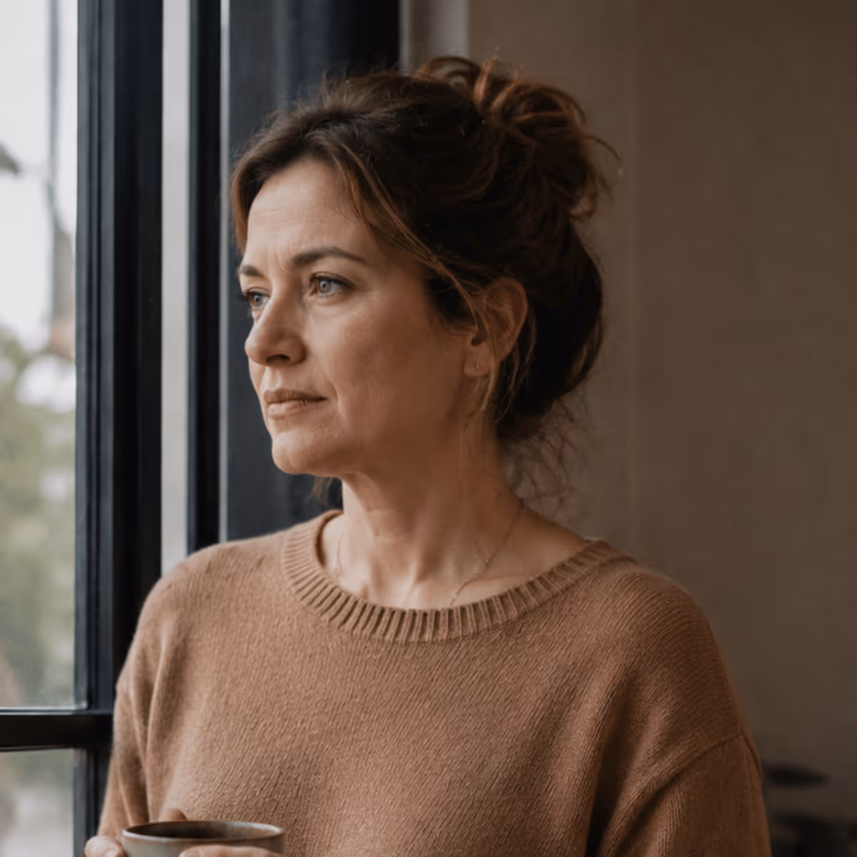Pensive woman in brown sweater holding a cup, gazing out a window in natural light.