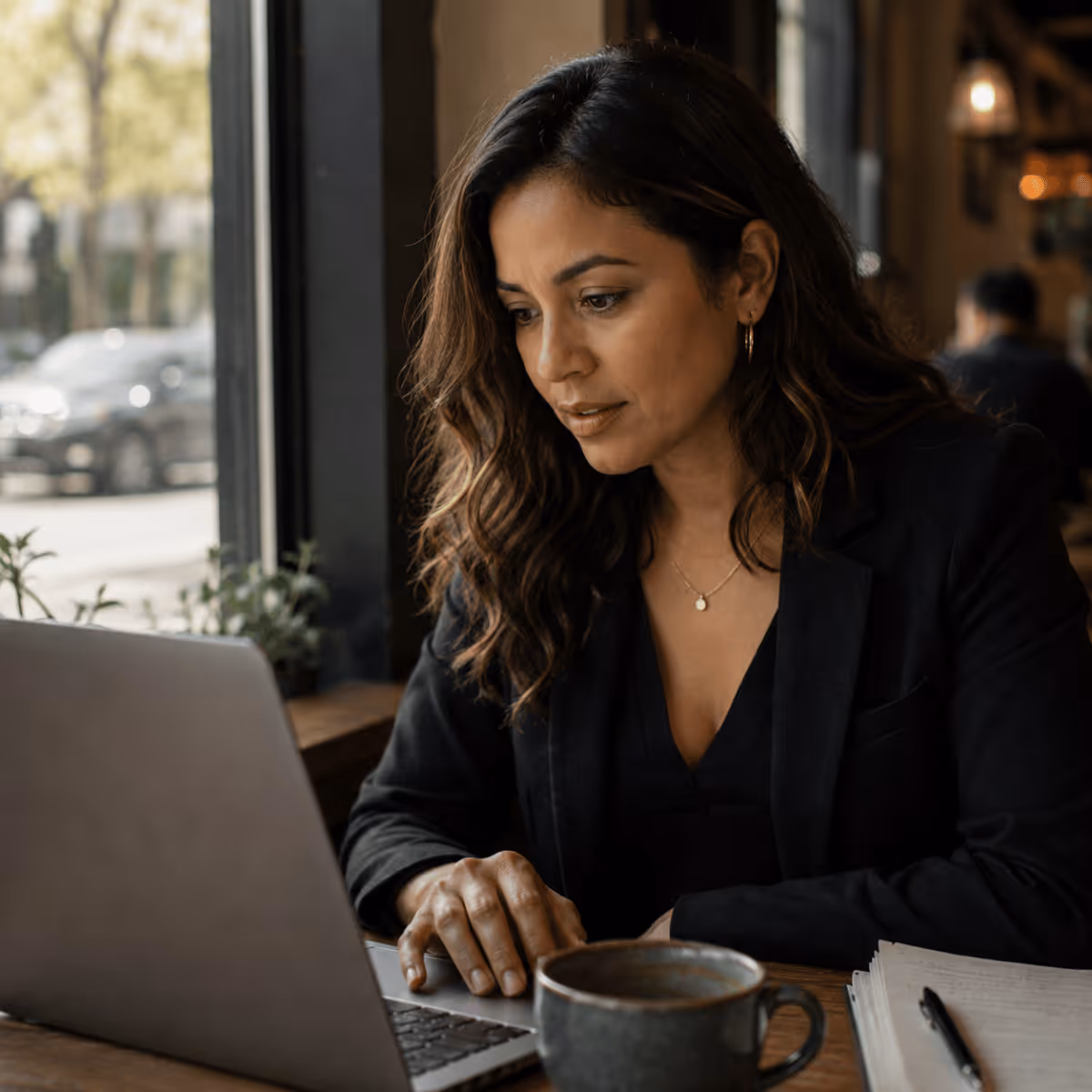 Woman with wavy hair working on a laptop at a table in a cafe with coffee and notebook.