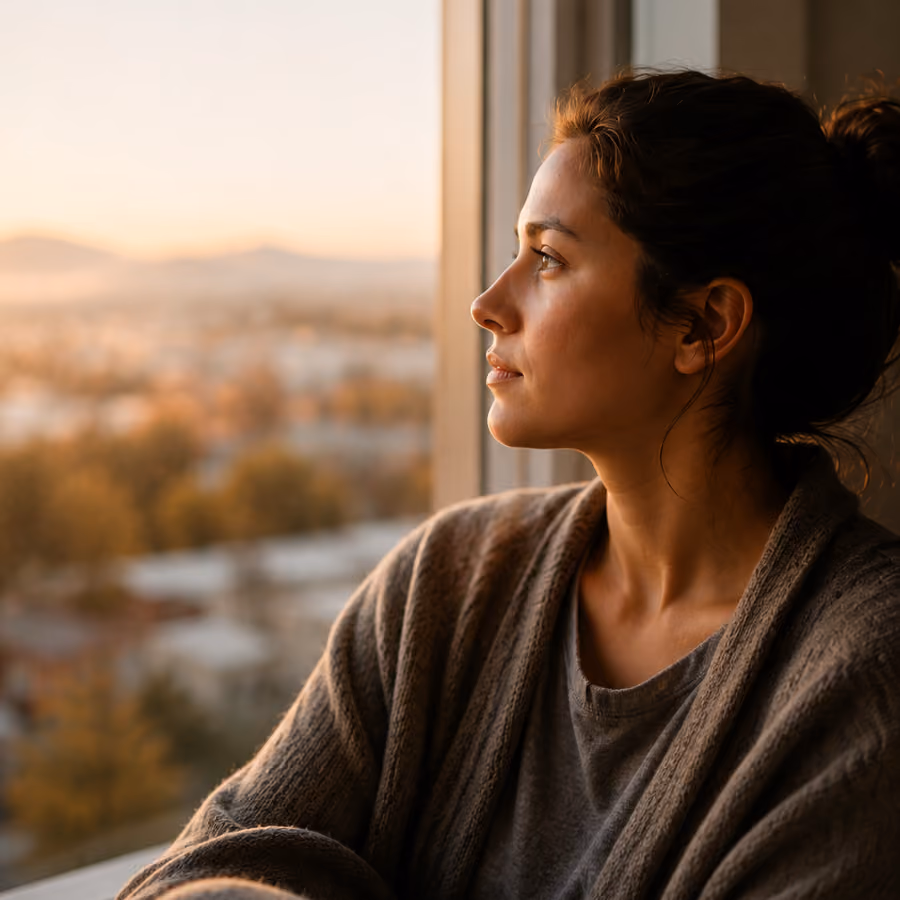 Pensive woman with dark hair in a sweater looking out a window at sunset.