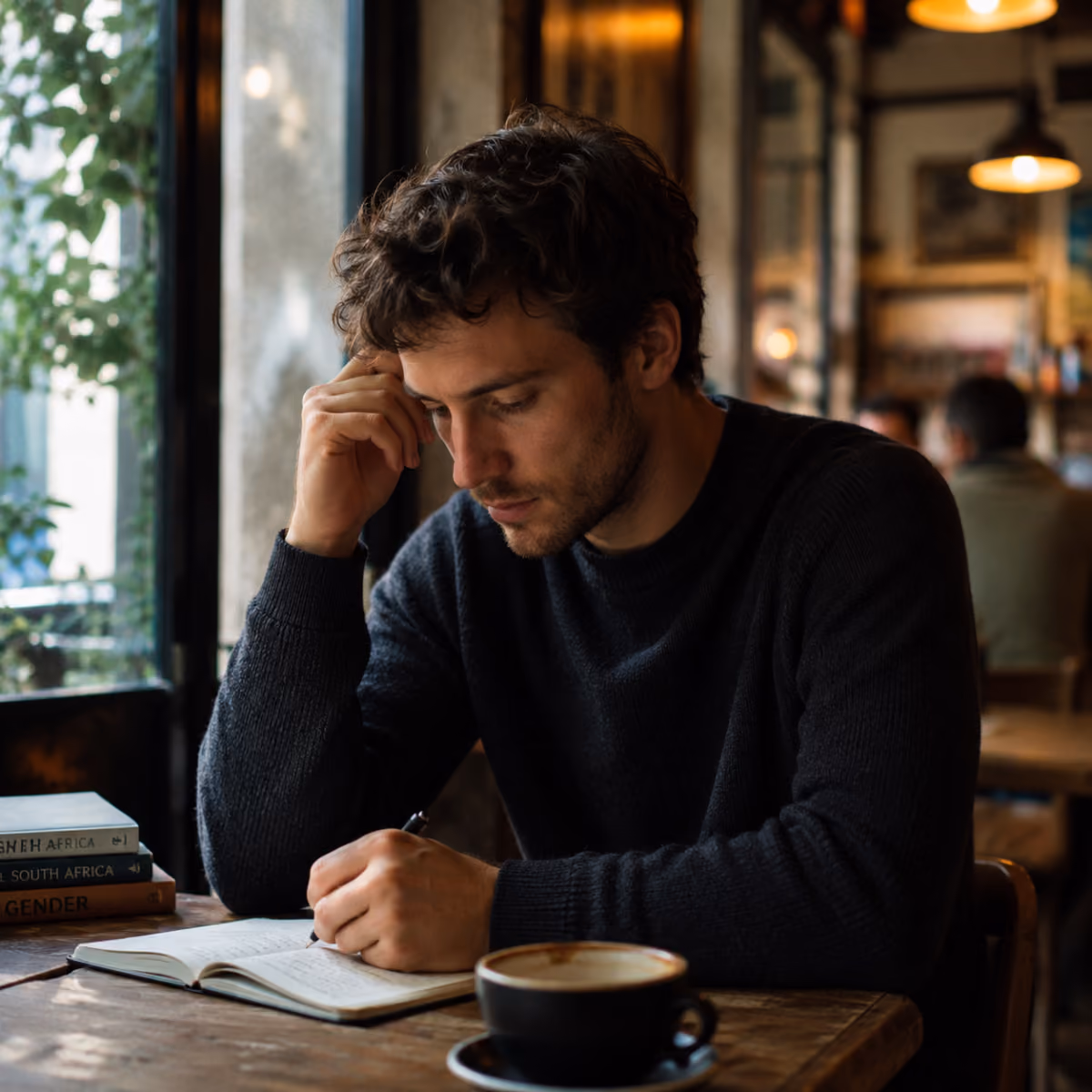 Man in dark sweater writing in a notebook at a wooden table with a cup of coffee nearby.