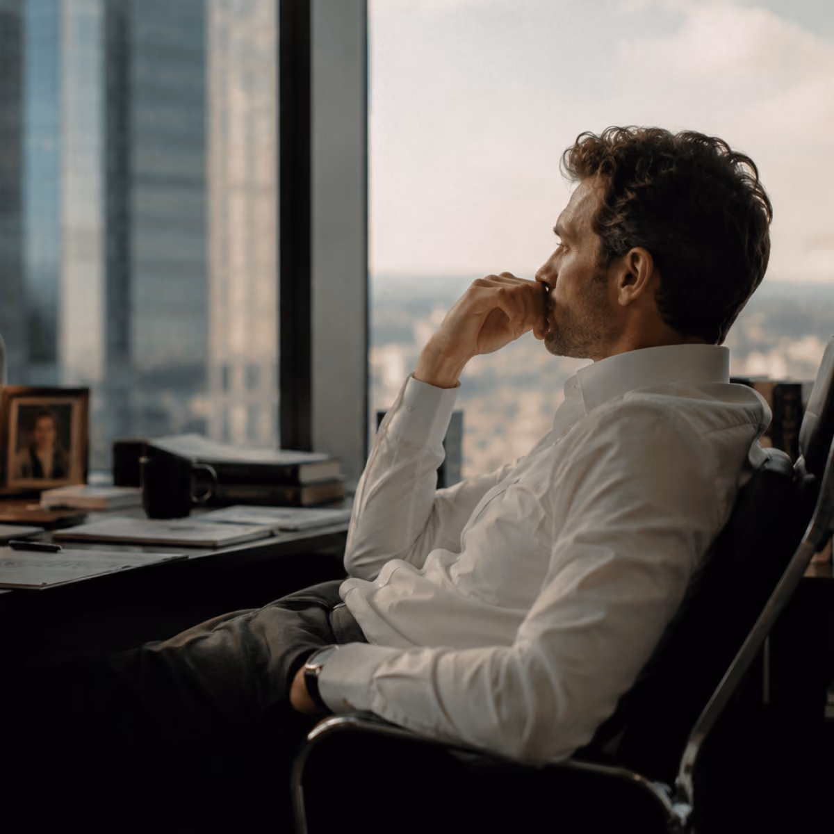 Man in a white shirt sitting pensively in an office chair looking out a window at city buildings.