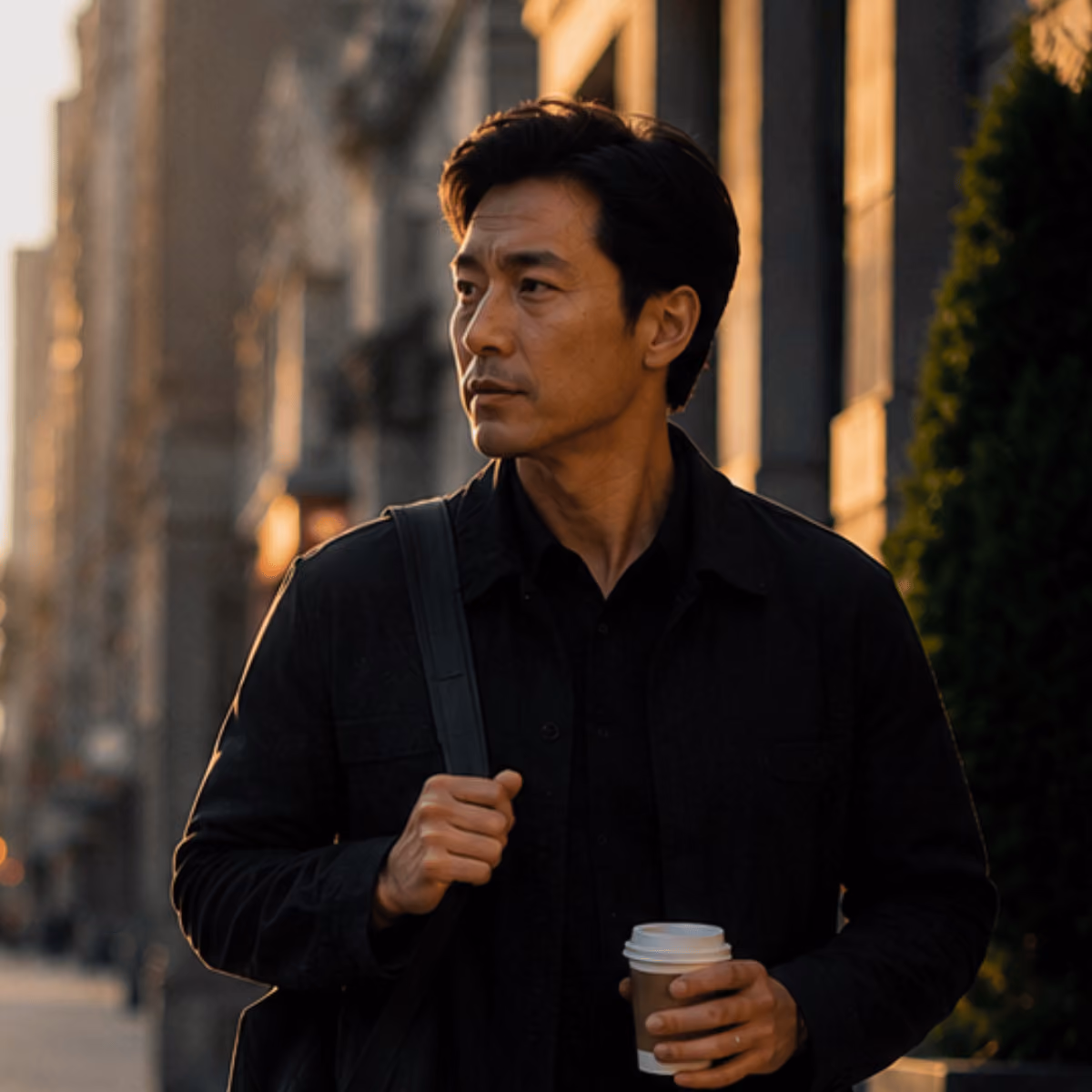 Man in dark clothing walking outdoors holding a disposable coffee cup during golden hour.