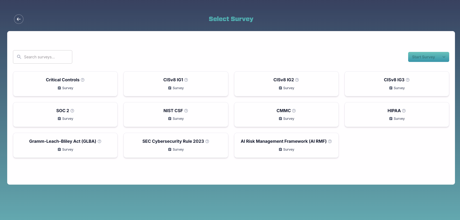 Framework picker showing eleven selectable assessment frameworks.