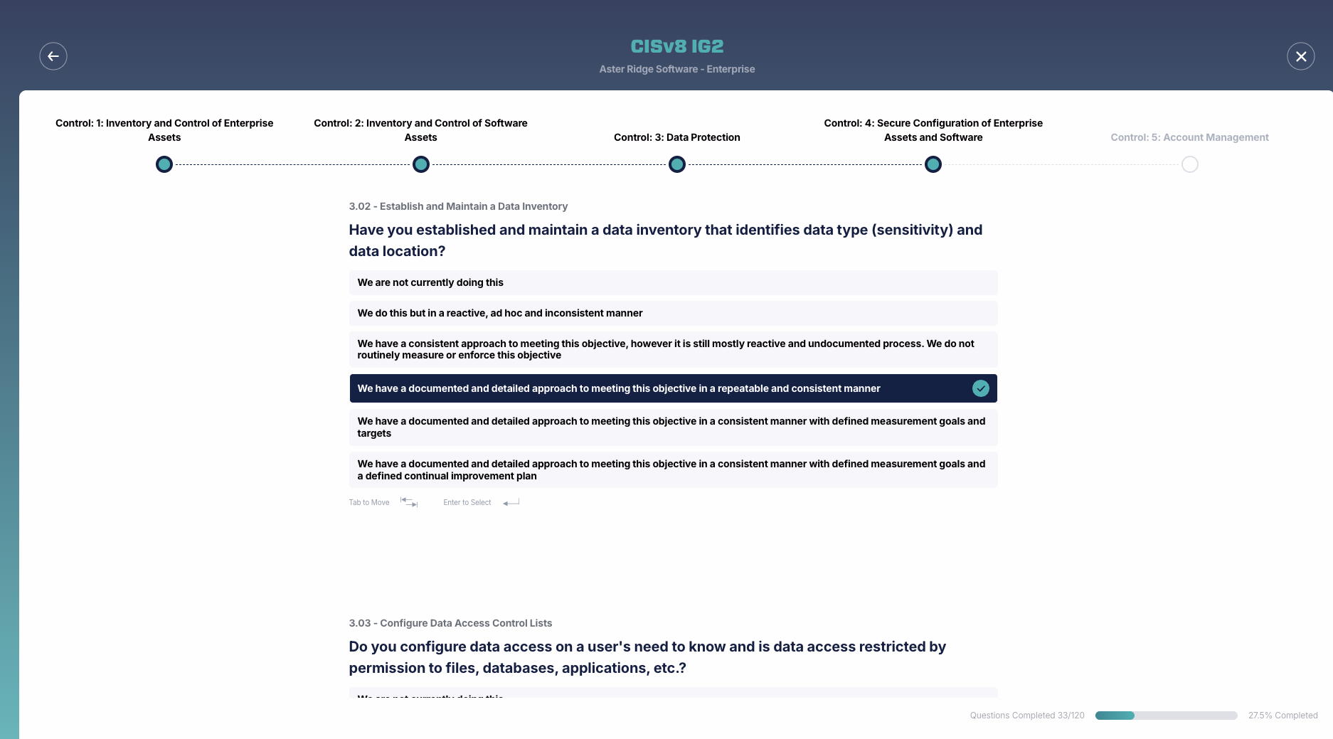 Guided assessment question with maturity-scale answers and control-family progress.