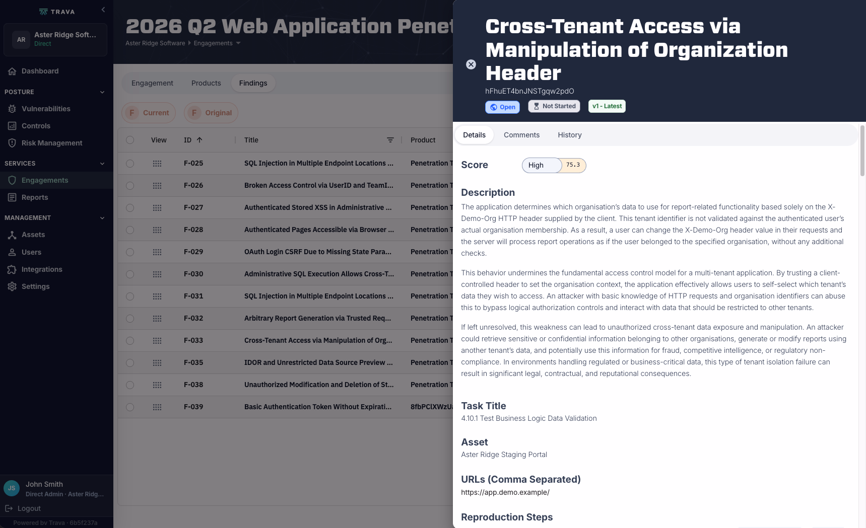 Finding detail header with risk score, explanation, OWASP WSTG mapping, and affected asset.