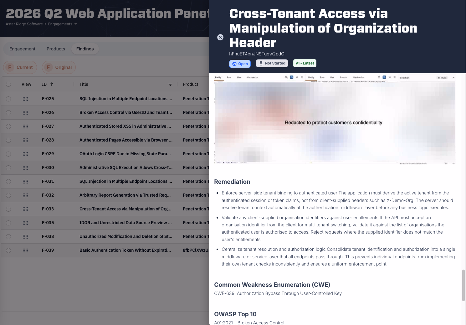 Remediation recommendations ranked by root cause with CWE and OWASP Top 10 references.