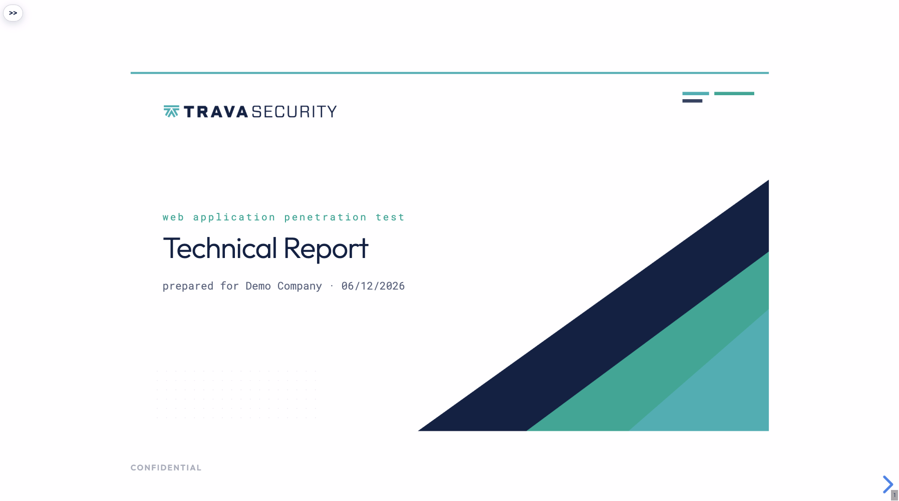 In-browser report cover page with a slide navigator.