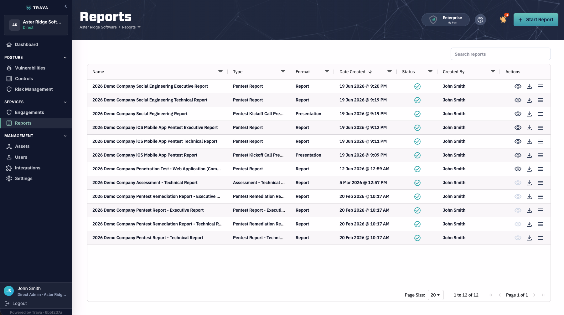 Report library listing every delivered report.