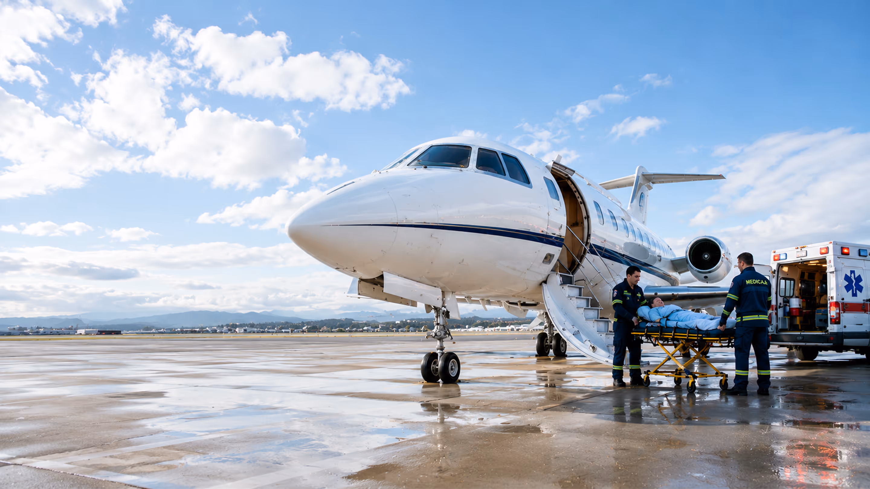 MedevacAir paramedics transferring a patient to a private medical jet — real-time dispatch coordination delivering faster response, better outcomes, and lower transport costs.