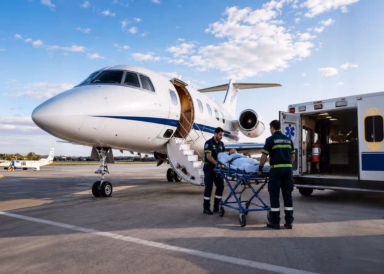 MedevacAir paramedics transferring a patient to a private medical jet — real-time dispatch coordination delivering faster response, better outcomes, and lower transport costs.