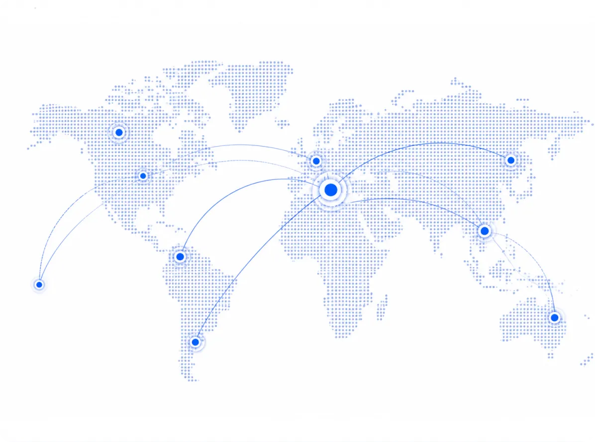 Dotted world map with blue location markers connected by curved lines indicating global connections.