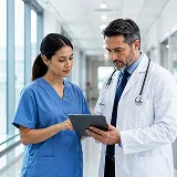 A doctor and nurse standing indoors reviewing information on a digital tablet together.