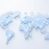 World map with glowing blue network connections linking cities across continents.