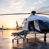 White helicopter parked on runway at sunset with a stretcher beside it.