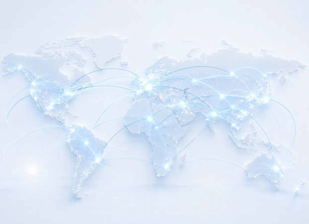 Light blue world map with glowing connection points linked by arcs illustrating global network links.