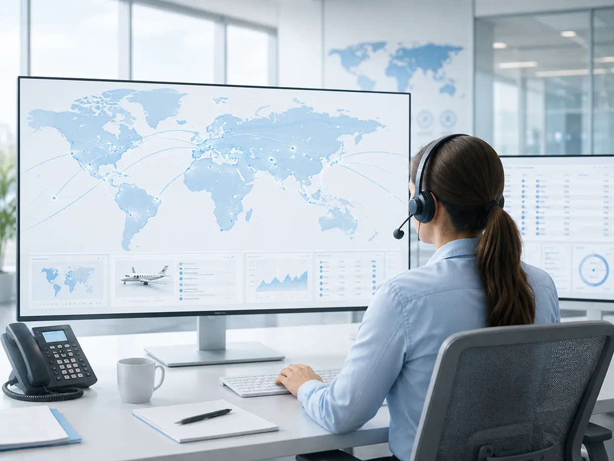 Woman with headset at desk viewing global flight routes and data on a large computer monitor.