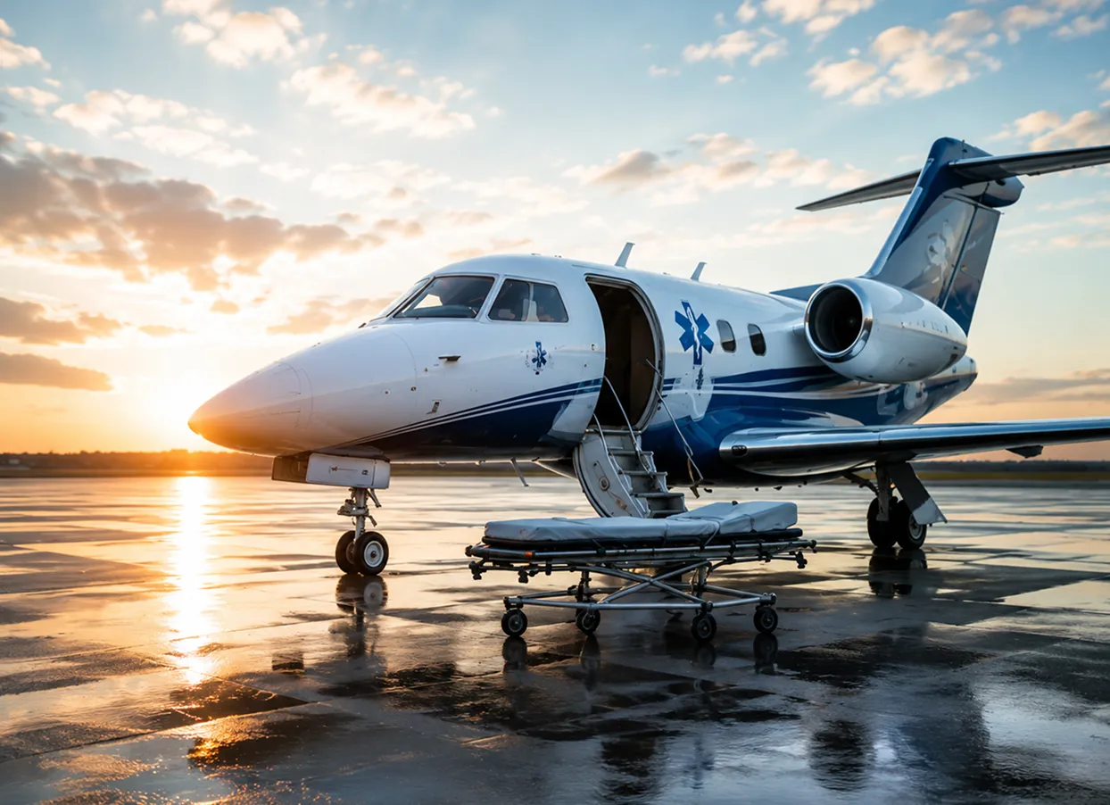 Medical jet with open door and stretcher on wet tarmac at sunrise or sunset.