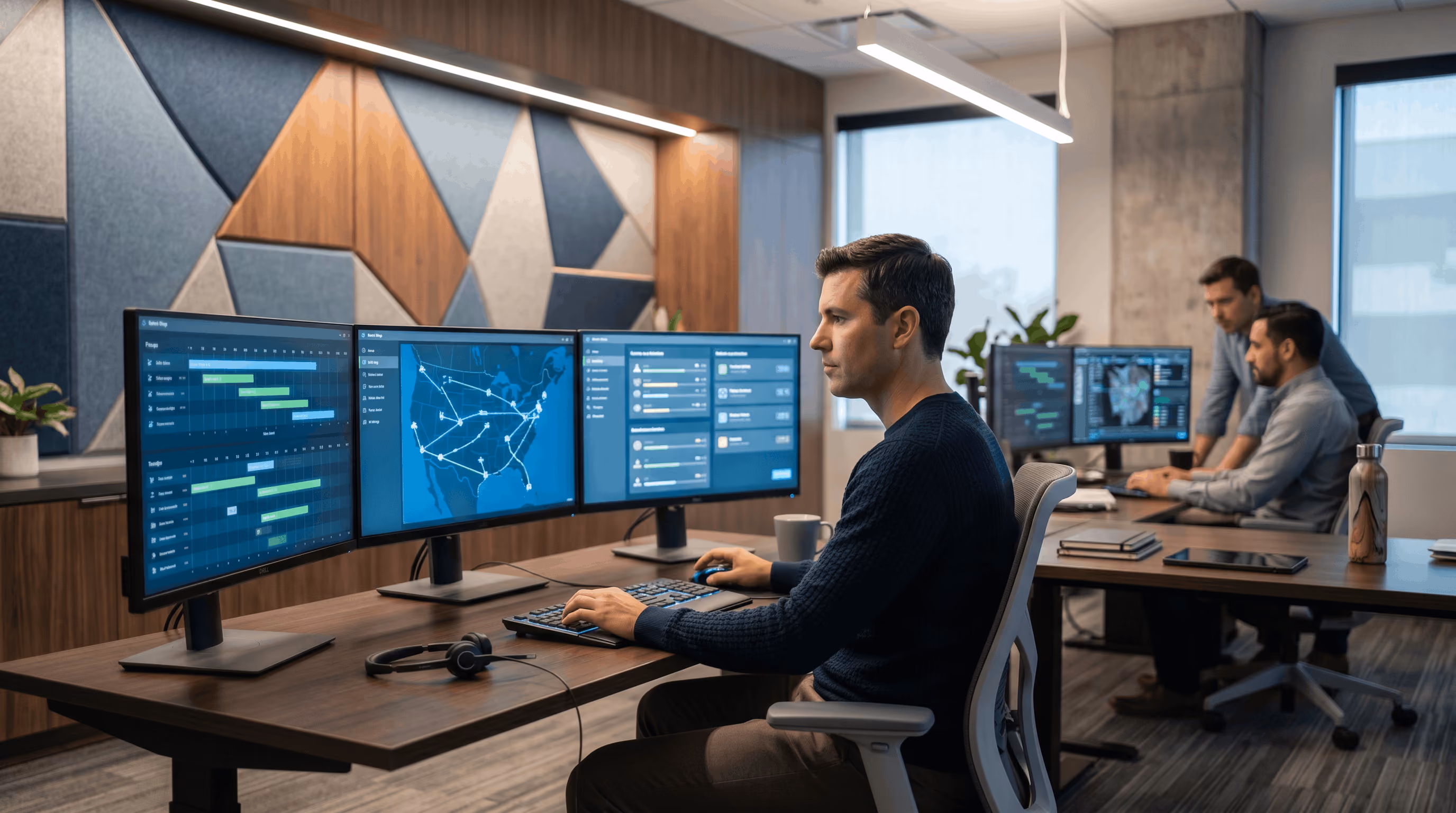 Man working on computer with three monitors, showing data charts and a US map in an office with two colleagues.