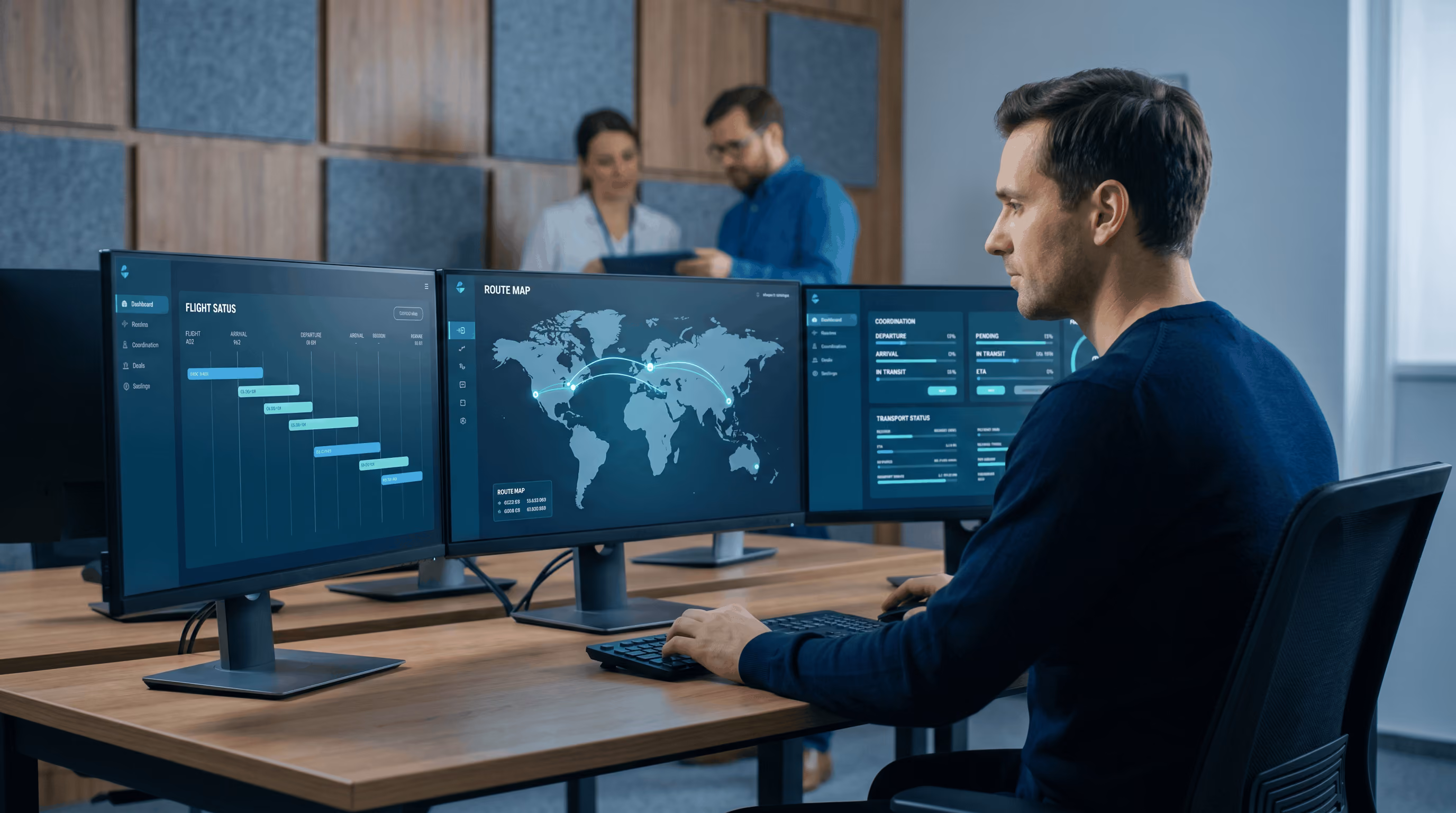 Man at desk monitoring flight status and global route map on three computer screens in office.