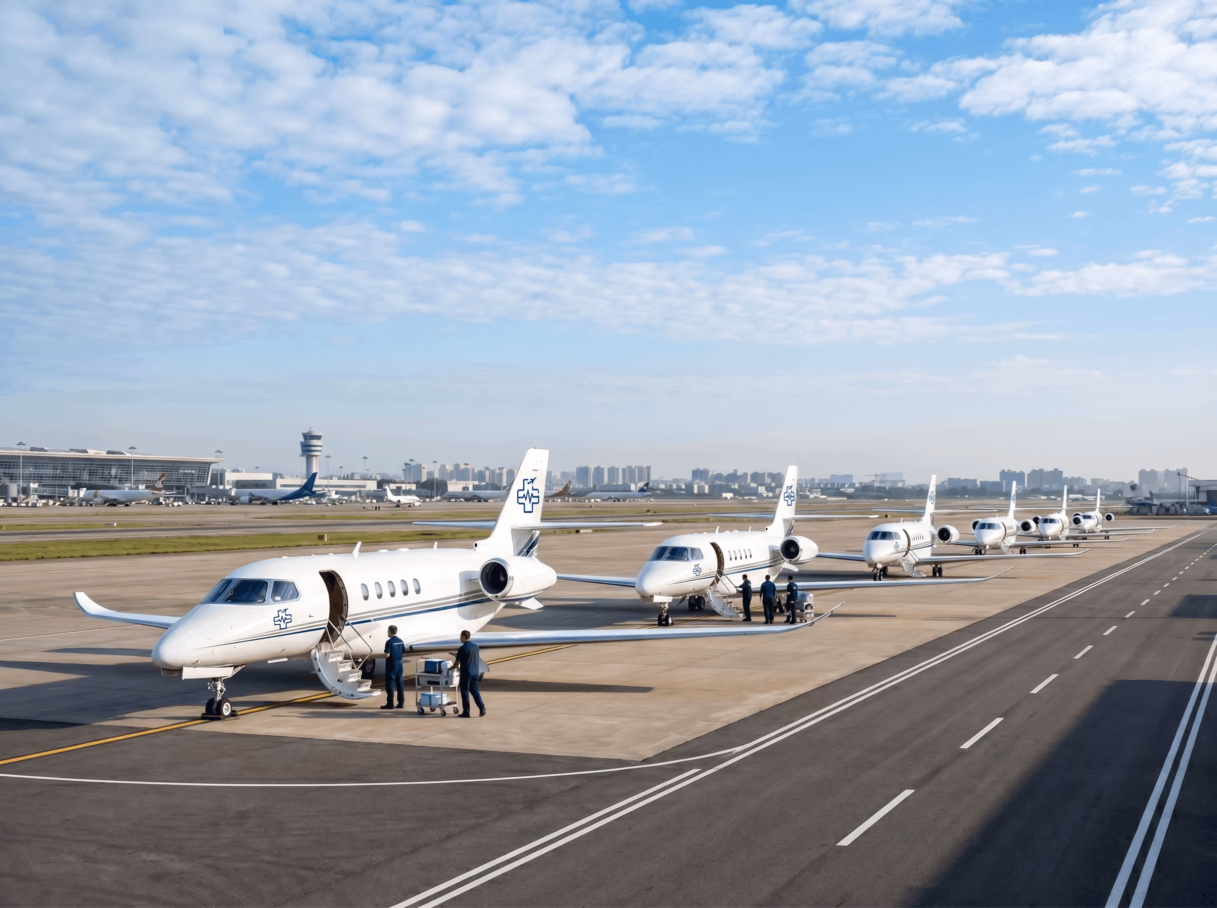 Line of white private jets parked on a runway with crew members near the open doors under a blue sky.