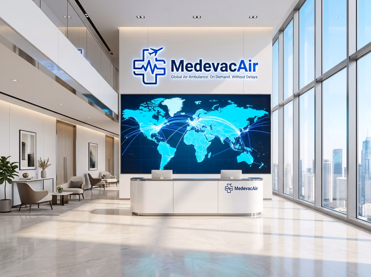 Modern office lobby with large world map showing global air routes behind a white reception desk.
