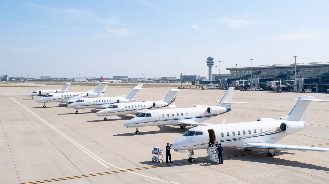 Six private jets parked in a row on an airport tarmac with two crew members near the closest jet.