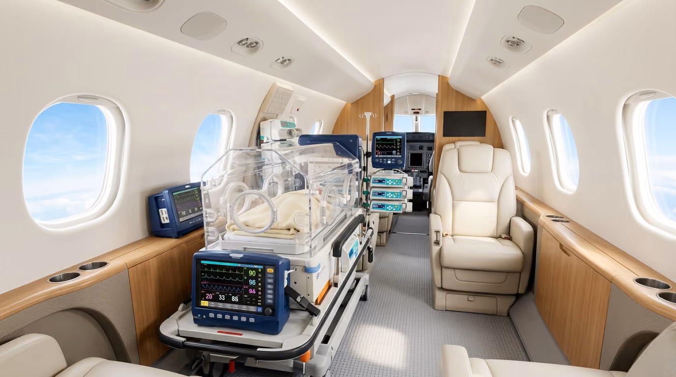 Interior of a medical aircraft with incubator and monitoring equipment near windows and leather seats.