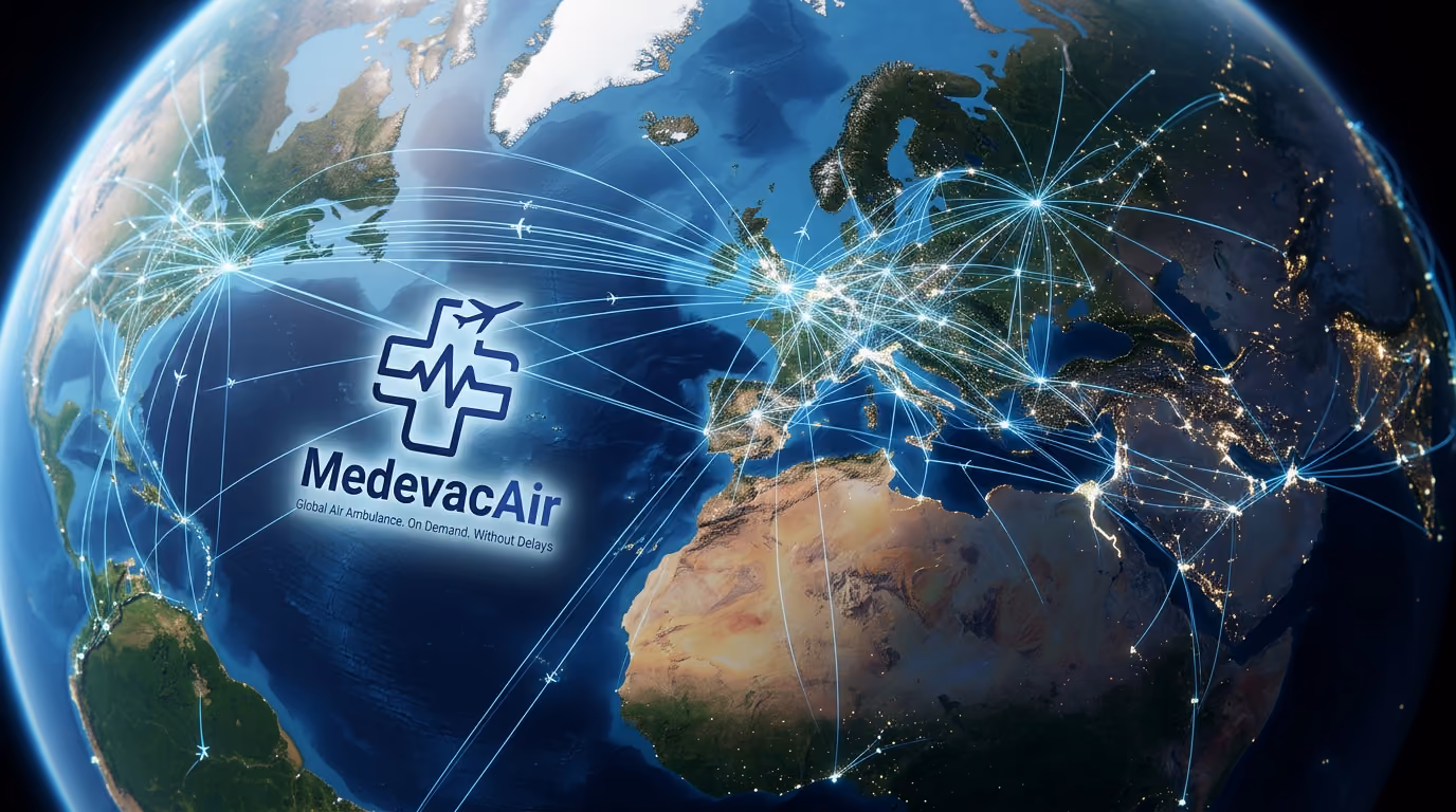 Globe showing air ambulance flight routes connecting multiple continents across Atlantic, Europe, Africa, and Asia.