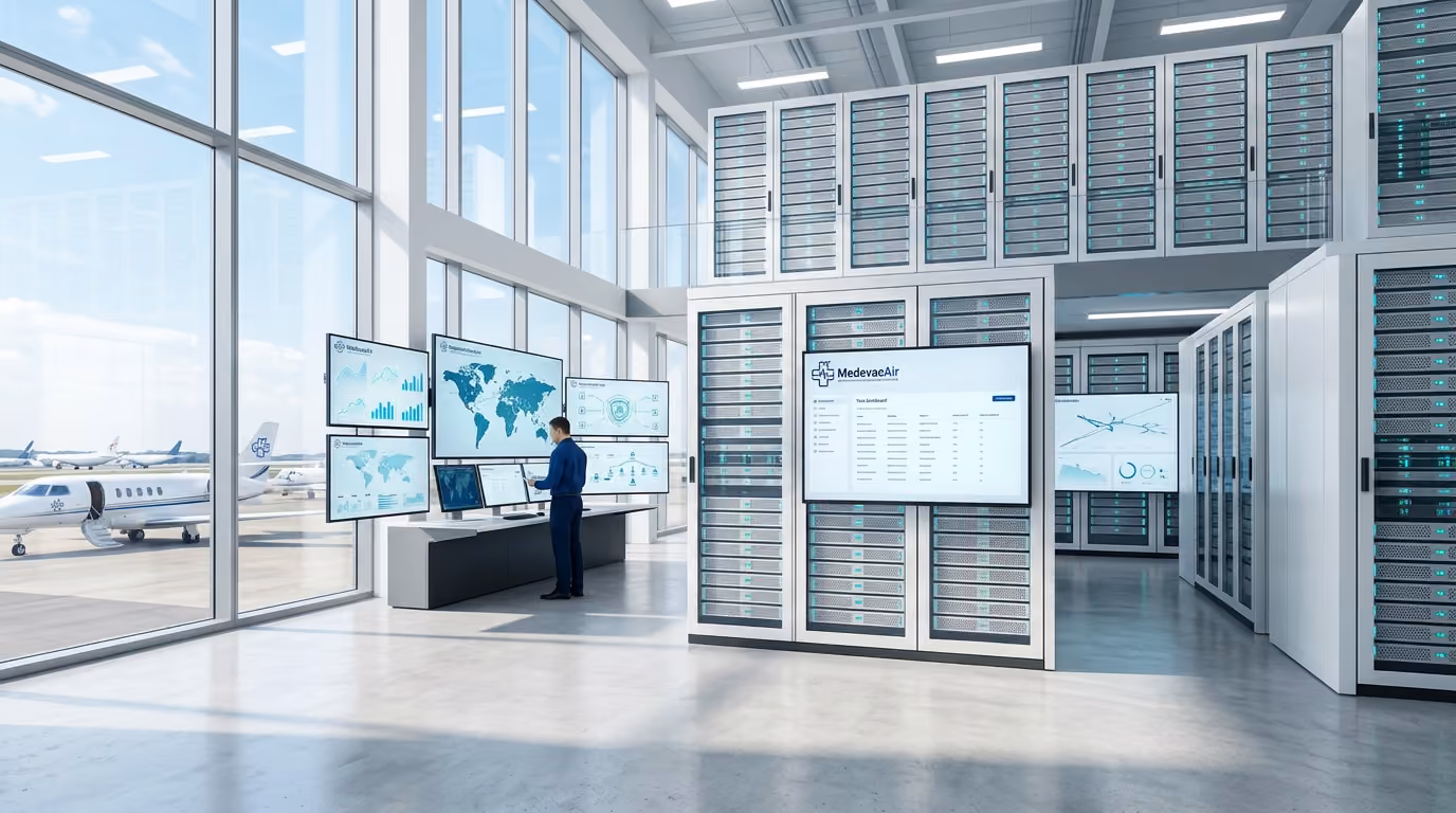 Man monitors flight data on multiple screens in a high-tech control room with planes outside the large windows.