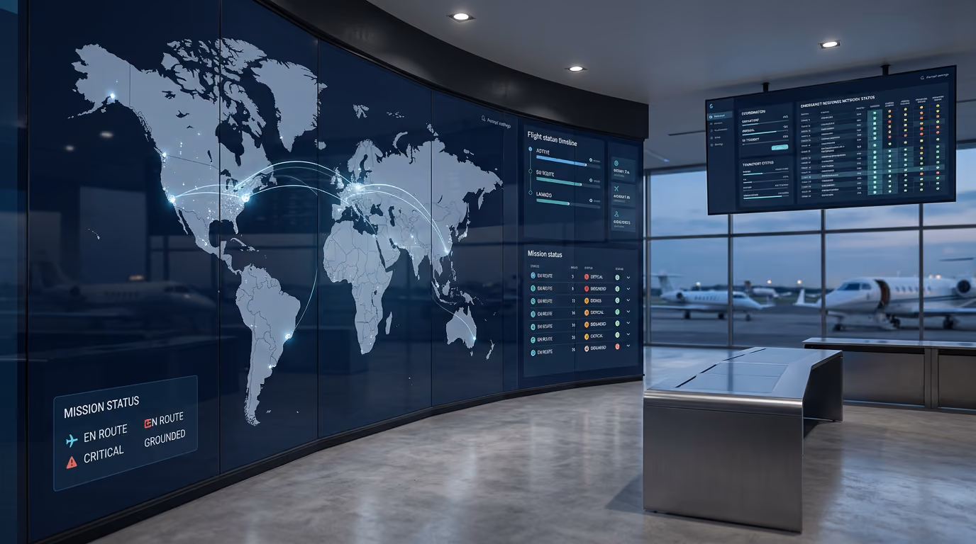 Control room with a curved screen showing world map and flight mission statuses, jets visible outside.