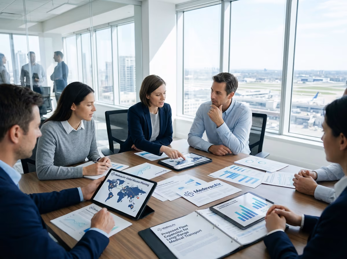 Business team discussing medical transport plans around a table with charts and tablets in a bright office.